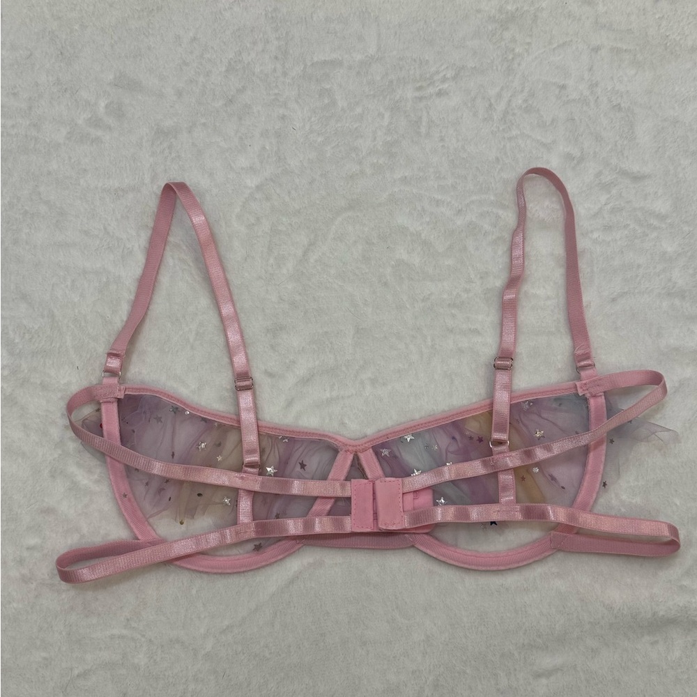 Pink Sheer Lingerie Set L Star Mesh 3pc Garter Festival Rave Burlesque - Picture 3 of 9